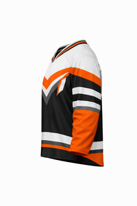 Jersey de Hockey sobre Hielo para Hombre, Negro con Rayas Naranjas, Manga Tres Cuartos, Cuello en V, Absorbe la Humedad, Sublimado - Product Image 2
