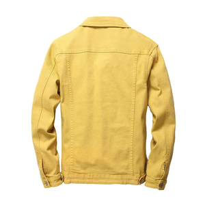 เสื้อโค้ทแจ็กเก็ตยีนส์ลำลองสำหรับผู้ชายสีเขียวเหลืองแดงเรียบง่ายคลาสสิกสีทึบเสื้อแจ็กเก็ตยีนส์แนวสตรีท