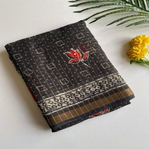 Sari VASTRA COTTAGE de Lino Premium con Estampado de Cuadros Zari, Diseño Completo con Trabajo de Espejo y Borde Tejido con Zari, Prenda Elegante - Product Image 4