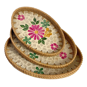 Ensemble de 3 plateaux ovales en rotin naturel avec incrustation de nacre, plateaux de service pour la nourriture et plateaux de rangement décoratifs - Product Image 2