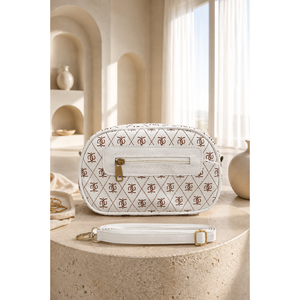Bolso de Mano Blanco Moderno con Asa Única, Doble Compartimento con Cierre, Cuero Genuino, Poliéster, Bordado Geométrico y Cadena - Product Image 1