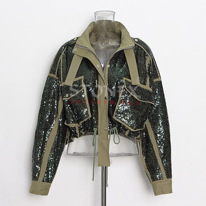 Prix d'usine Veste courte personnalisée Nouveau manteau vert armée à paillettes avec broderie et revers pour femmes - Product Image 1