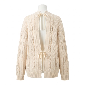 Cardigan en maille torsadée pour femme avec nœud en ruban, pièce superposée confortable à détail nœud, OEM ODM, vente en gros, usine, marque privée - Product Image 1