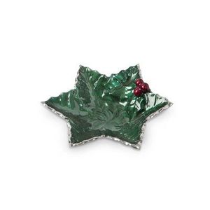 Bol décoratif en feuille de houx vert avec plat en résine à bord argenté Accent de baies rouges Assiette de service élégante et élégante Décoration intérieure - Product Image 1
