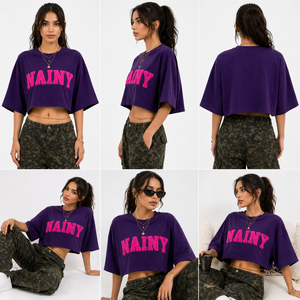 Camiseta Corta Oversize para Mujer con Bordado Chenille, Ajuste Holgado, Algodón, Estilo Urbano, Moda de Verano - Product Image 1