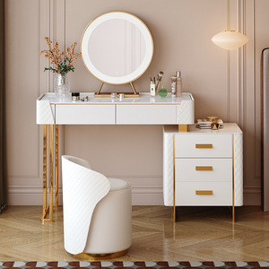Modern Cream Leather <b>Dressing</b> <b>Table</b> <b>Solid</b> <b>Wood</b> Rock Base MDF Panel Floor Mount Luxury Light Wind Style Bedroom Apartment Living - Product Image 2