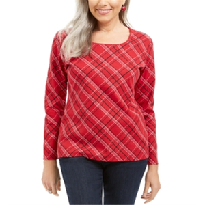 Top da donna Karen Scott a vestibilità ampia, con motivo scozzese Holly e decorazioni, rosso, taglia XL, lungo, autunnale, in poliestere, rayon, chiffon, lavorato a maglia, tinta unita - Product Image 1