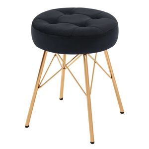 Taburete Redondo Alto Apilable Nórdico, Tapizado en Terciopelo Verde con Base Dorada, Reposapiés, Asiento Adicional, Otomana - Product Image 1