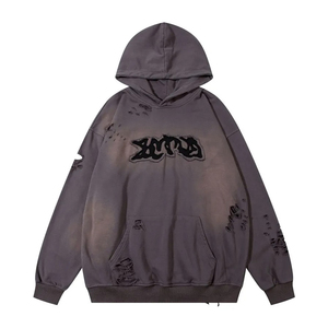 Haute qualité personnalisé hommes sweat à capuche zippé coton français éponge Applique brodé Patch lavage à l'acide en détresse soleil fané sweat - Product Image 1