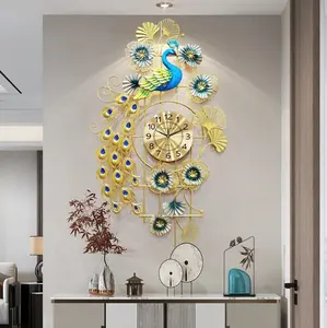 Ak黄铜大孔雀形金属现代挂钟客厅装饰餐厅派对装饰钟