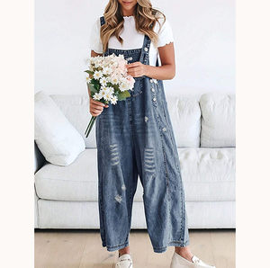 Tuta in Denim oversize da <span class=keywords><strong>donna</strong></span> 2025 pantaloni larghi larghi Casual Vintage con bretelle estive con bretelle <span class=keywords><strong>Jeans</strong></span> con tecniche sciolte - Product Image 1