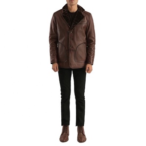 Veste d'hiver décontractée pour homme en cuir suédé véritable marron, écologique, à col rabattu, simple boutonnage, coupe-vent - Product Image 2