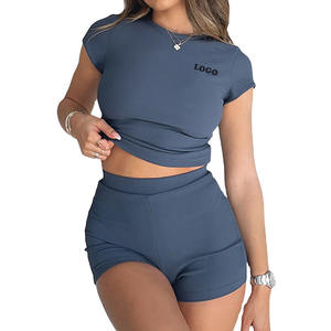 Verano 2025, precio al por mayor, traje de mujer, pantalones cortos, camiseta, traje de Color sólido, deportes, ocio, logotipo personalizado, conjunto de dos piezas de alta calidad - Product Image 1