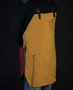 premium leather apron with fabric pocket & chain <b>accessories</b> yellow <b>mustard</b> leather apron custom use restaurant staff apron - Product Image 5