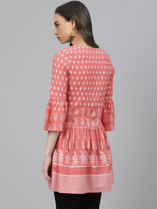 Peach floral printed rayon short kurti for women and girls with keyhole neck & <b>bell</b> <b>sleeves</b> designed for comfortable daily wear - Product Image 2