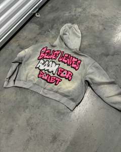 Hiver Personnalisé Impression DTG Logo Acid Washed Heavyweight Cotton Unisex Cropped Boxy Distressed Zip up Hoodie - Product Image 3