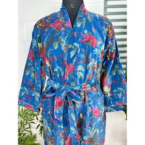 Robe de luxe unisexe, bleu floral, velours Malibu bleuâtre, veste kimono réversible doublée de soie, douce, cadeau automne-hiver - Product Image 2