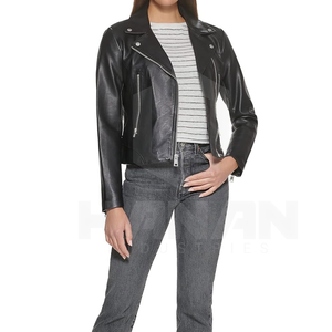 Chaquetas de cuero OEM personalizadas para mujer con ajuste clásico, bolsillos laterales con cremallera y diseño de cinturón ajustable - Product Image 2