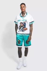 Impression numérique manches courtes tissu épaules tombantes boutons personnalisés chemise respirante ensembles courts pour hommes satin - Product Image 2