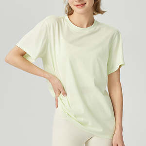 Camiseta holgada de entrenamiento de verano para mujer, camiseta de Fitness para gimnasio con cuello redondo de secado rápido, Manga corta para Yoga y decoración de botones, venta al por mayor - Product Image 3