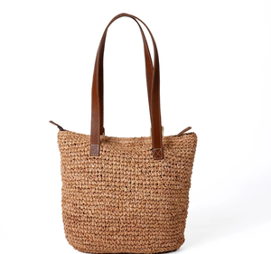 Bolso de mano Rafia de color natural con asa de cuero tostado real Bolsas de playa de macramé Directo del proveedor indio - Product Image 2