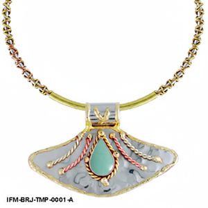 Collier pendentif éventail en tri-métal artisanal, bijoux bohème en métaux mixtes avec incrustation de turquoise et détails en fil torsadé - Product Image 5