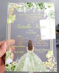 Invitations acryliques claires vert clair robe de <span class=keywords><strong>princesse</strong></span> fille Quinceanera Sweet 15 16 cartes <span class=keywords><strong>d</strong></span>'invitation de mariage de fleur vert sauge - Product Image 1
