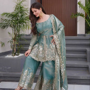 Conjunto de Traje Sharara Plazo de Seda Fandy de Dos Tonos, con Bordado de Espejo Real y Lentejuelas, 3 Piezas, para Bodas, Venta al Por Mayor - Product Image 1