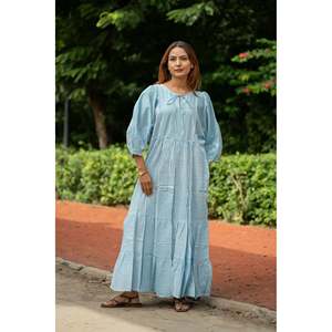Cotton Midi <b>Dress</b> Stripe Hand Block Print <b>Boho</b> <b>Summer</b> Sundress Featuring Pockets Artisan Style Beach Vacation Wear Leisure ODM - Product Image 4