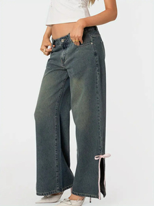 Pantalones vaqueros cómodos de pierna ancha de cintura alta con cordones, ropa de calle de Color sólido, pantalones vaqueros tejidos de algodón 100% para mujer - Product Image 2