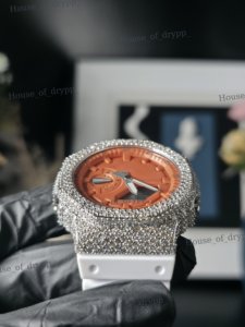 Iced Out Orange Case Dial Round Cut VVS Moissanite Diamond Bust <b>Down</b> Watch For Unisex Party Wear Watch - Product Image 2