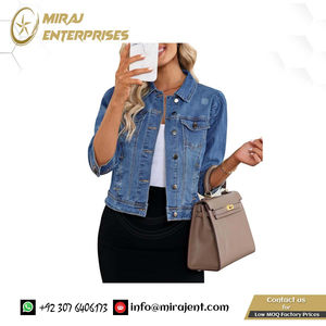 Chaquetas vaqueras recortadas transpirables para mujer, chaqueta universitaria elástica de 34 mangas abullonadas, chaqueta desgastada con bolsillos - Product Image 4