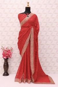 Boutique India tradicional exclusiva Faux Georgette Saree elegante nupcial boda fiesta desgaste blusa mujeres niñas secuencia trabajo - Product Image 3