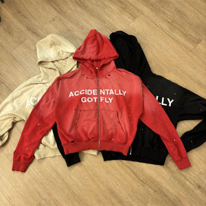 Sudadera con Capucha Corta Personalizada de Estilo Urbano, Vintage, Desgastada, de Felpa Francesa, 100% Algodón, Decolorada al Sol, Lavada al Ácido, con Pedrería y Cremallera para Hombre - Product Image 1