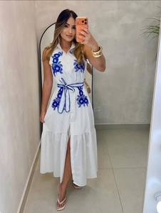 Vestido camisero largo blanco sin mangas con bordado floral, cinturón y abertura frontal para mujer, ropa informal de verano. - Product Image 2