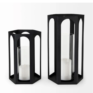 Set 2 Black Glass <b>Candle</b> <b>Lanterns</b> Metal Chimney Outdoor Pillar <b>Holder</b> Lights for Home Decor Weddings Ramadan Easter Celebrations - Product Image 5