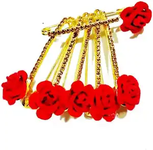 Women Brooch Jewelry Inspired Designer Golden Color Diamonds Rose Safety Pin Saree Pin One Side Of Safety Pin Red Roses Gold