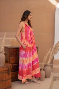 Vestido Midi Tie Dye Rosa Naranja con Estampado Floral Digital, 100% Algodón Ecológico, Vibrante Vestido de Verano para Festivales - Product Image 2