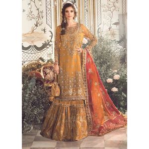 Collection formelle : Robe en mousseline brodée – Ensemble pakistanais 3 pièces cousu pour soirée, Lehnga Choli - Product Image 1