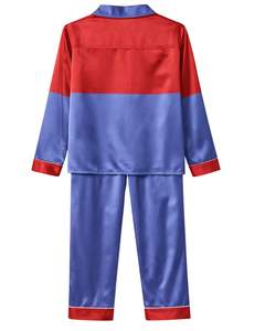 Ensemble de pyjama en satin de soie à blocs de couleur rouge et bleu pour femmes, personnalisé par le fabricant, boutonné, manches longues, vêtements de nuit de luxe - Product Image 2