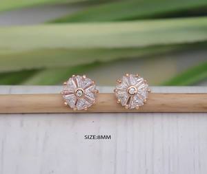 Round Floral <b>Tops</b> Trendy Stainless Steel <b>Earrings</b> with Zircon (AD) Gold Plated Studs - Product Image 1