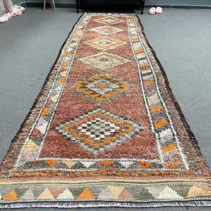 2.9x11.6 ft Rug, Vintage Rug, Turkish <b>Brown</b> <b>Wool</b> Solid Rug - Product Image 1
