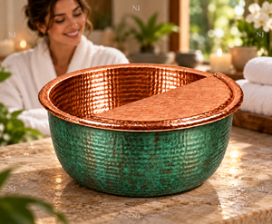 Bassin de pédicure rond en cuivre patiné martelé fait main NJ avec couvercle, pour spa des pieds, doté d'un système de massage par jets sans tuyauterie - Product Image 3