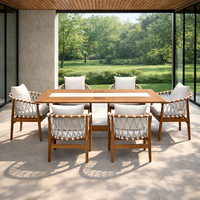 Ensemble de table et chaises de salle à manger d'extérieur en teck moderne et en corde tressée avec coussins imperméables - Conception durable et légère pour hôtels et patios