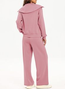 Ensemble deux pièces Sweat-shirt à demi-fermeture éclair Ensembles de salon pour femmes Ensemble assorti Pantalon de survêtement à jambe large Survêtement - Product Image 2