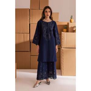 Conjunto de 2 Piezas de Batik Bordado para Primavera/Verano con Lentejuelas y Cuello con Bordado Chikan, Pantalones con Bordado de Lentejuelas BIC-245 - Product Image 1
