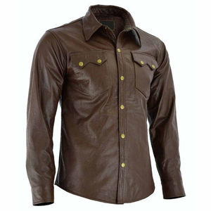 New Arrival Custom Made <b>Men's</b> Anti-Wrinkle Breathable Eco-Friendly Canvas Leather Shirts 2025 Best Quality Long Sleeve Windproof - Product Image 3