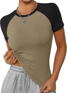 Womens Short Sleeve Cropped <b>Tops</b> Slim Fit Stretchy Color Block Slightly Shirts Fashion Clothes - Product Image 2