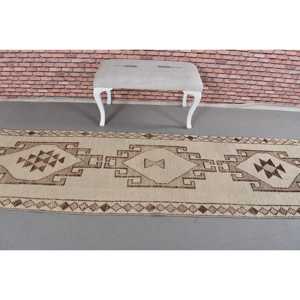 พรมวินเทจสไตล์ตุรกี, พรมรันเนอร์ขนาด 2.3x10.3 ฟุต, พรมลายเฮอร์กีสีน้ำตาลแบบนามธรรม - Product Image 3