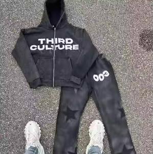 Personalizado de los hombres de peso pesado desgastado bordado Vintage ácido lavado pantalones de chándal con capucha conjunto de ropa de calle chándales de diamantes de imitación - Product Image 5